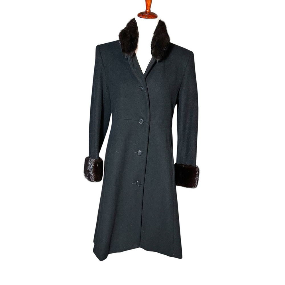 VTG Steve by Searle Black Wool Cashmere Midi Coat Mink Fur Trim USA 6P Petite